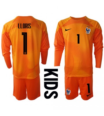 Frankrike Hugo Lloris #1 Keeper Hjemmedraktsett Barn VM 2022 Langermet (+ Korte bukser)